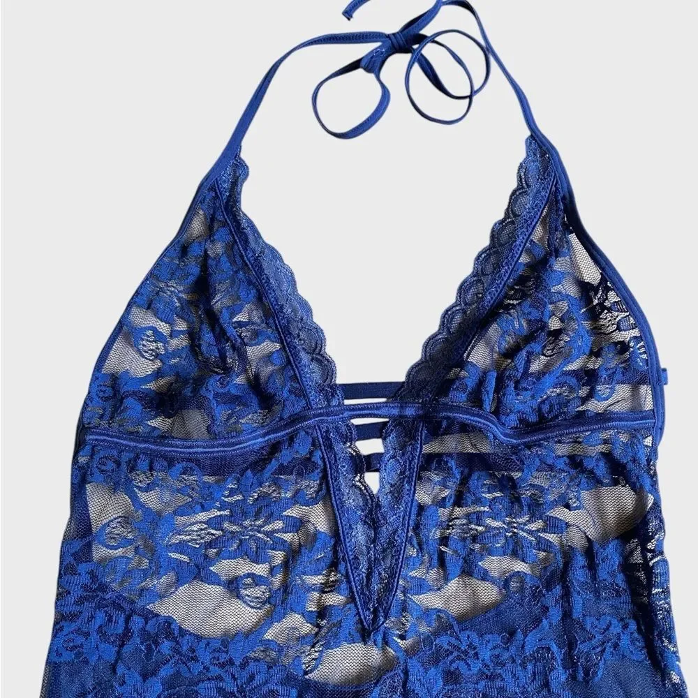 Avidlove Women's Lace Chemise Halter Dress Size L Navy Blue Feminine Bodycon